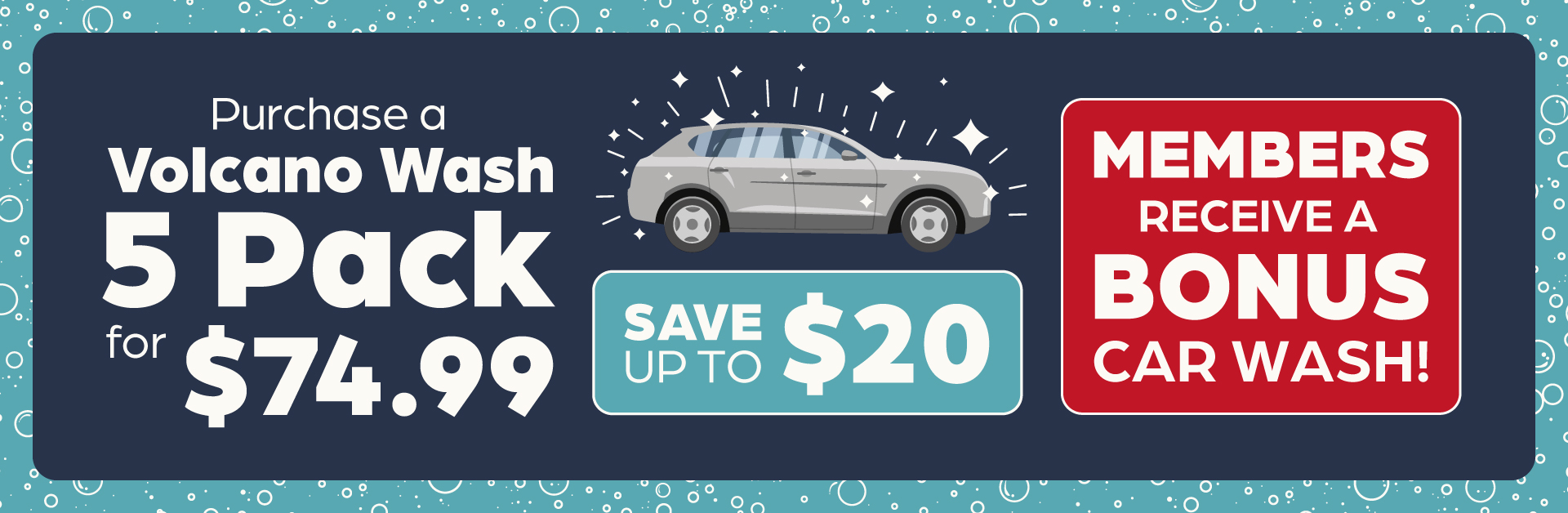 Peninsula Co-op promotion: Buy a 5-pack of Volcano Car Washes for $74.99 and save up to $20. Peninsula Co-op members receive 1 bonus car wash free with purchase.
